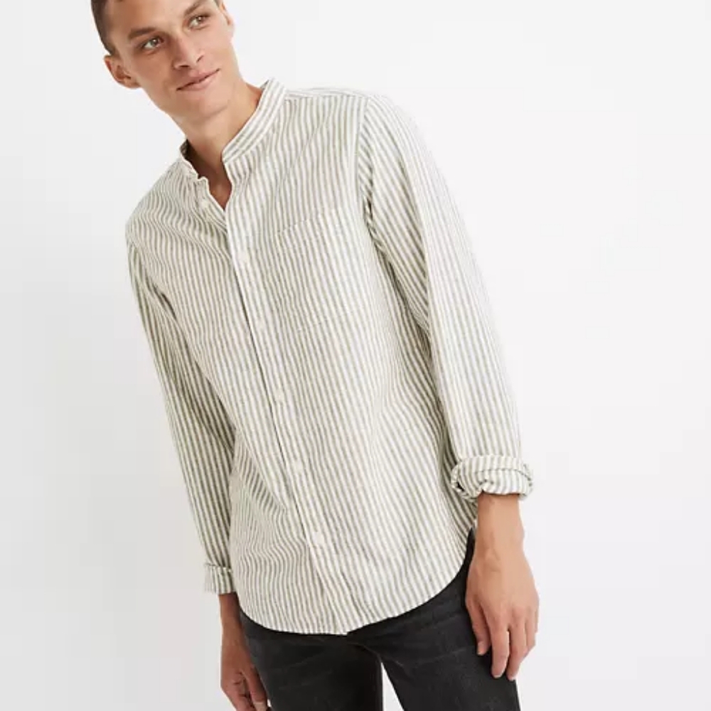 Madewell Linen-Blend Banded-Collar Perfect Shirt in Woodruff Stripe